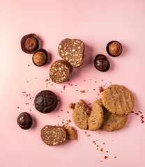 chocolate snacks on the pink background