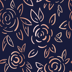 Vector metallic doodle roses dark seamless pattern