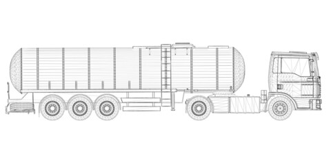 Wireframe of a tank truck for transportation of gasoline from black lines isolated on a white background. Truck with a tank for the transport of goods. Side view. 3D. Vector illustration