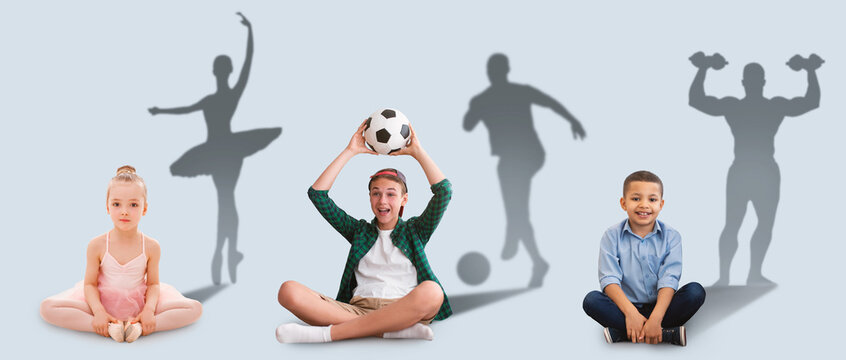 Cute kids dreaming about sports career, conceptual image