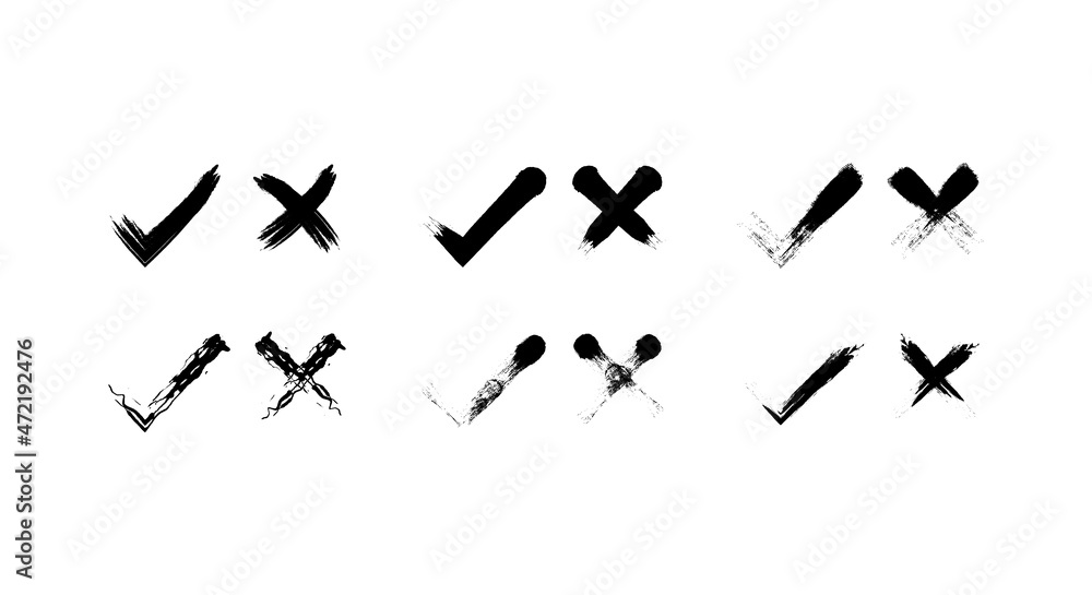 Poster set of hand drawn tick and cross marks. isolated on white background. vector x marks and tick icon s