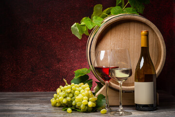 Wine background, glass of red and white wine in cellar