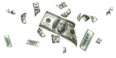 Us dollar. American money, falling cash. Flying hundred dollars isolated on white background.