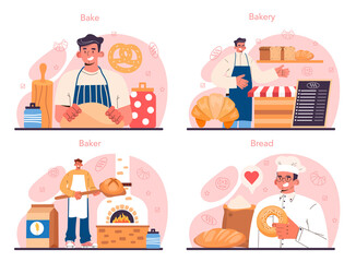 Baker concept set. Chef in the uniform baking bread. Baking pastry process.