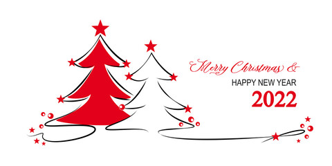 weihnachtskarte mit zwei tannenbäumen und schriftzug merry christmas und happy new year 2022