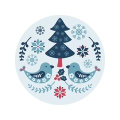 Christmas illustration with birds and traditional symbols in Scandinavian style