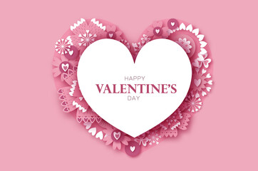 Happy Valentine's Day. Abstract Pink Floral Greeting card. International Happy Women's Day. 8 March holiday paper cut style. Heart paper craft frame Flowers. Happy Mother's Day. Space for text.