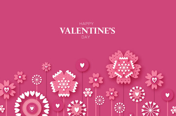 Happy Valentine's Day. Abstract Pink Floral Greeting card. International Happy Women's Day. 8 March holiday paper cut style, paper craft Flowers bouquet. Happy Mother's Day. Space for text. Vector