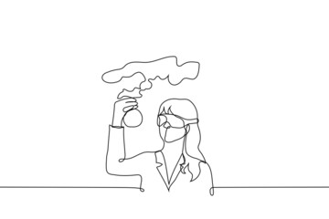 female laboratory assistant in goggles raised a flask from which thick smoke comes out - one line drawing vector. experiment concept, chemist experimenter conducts experiments and makes observations