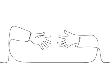 two left hands of different people reach out to each other - one line drawing vector. concept before handshake, mutual attraction to each other, provide help and support, ask for help, charity