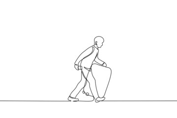 man walks with wide step in his hands large suitcase on wheels and plane ticket in another - one line drawing of vector. concept passenger hurrying to flight (plane)