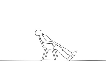 man sits on chair stretching his body in straight line and face pointing up - one line drawing vector. inflexibility metaphor, relaxation concept, lounging on chair