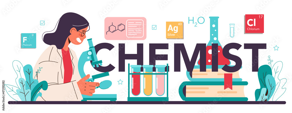 Poster chemist typographic header. chemistry scientist doing an experiment