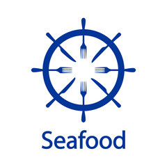 Logotipo restaurante. Banner con texto Seafood y silueta de timón de barco con cubiertos con líneas en color azul © teracreonte