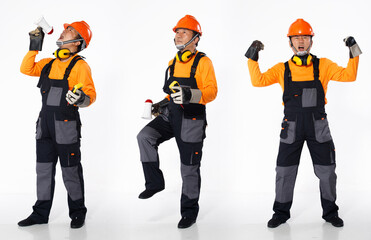 Senior Asian Man wear Orange uniform shirt hardhat and leather glove as engineer construction site