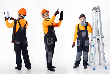 Senior Asian Man wear Orange uniform shirt hardhat and leather glove as engineer construction site