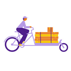 Man courier on a cargo long john bike with big heavy long boxes. Bicycle delivery man carrying package. Ecological city transport. Flat vector illustration