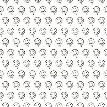 simple vector flat art black and white endless pattern of hand drawn round smiley face wich showing tongue. seamless pattern of cartoon dead emoticon