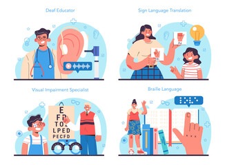 Disabled people education set. Specialist teaching disabled people