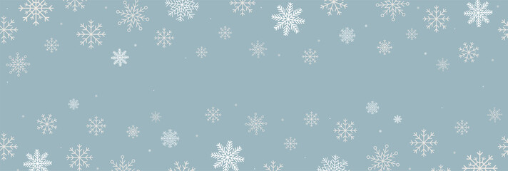Naklejka na ściany i meble Winter blue background with snowflakes horizontal seamless pattern. White snowflakes on blue background. Vector snowflakes scattered banner. copy space for your text.