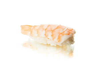 Japanese Ebi nigiri sushi with rice and black tiger shrimp on top. Asian traditional cuisine. Seafood dish isolated on white background with reflection. 
