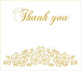 Wedding set letterhead with thank you text. Gold letters and a bouquet of abstract flowers. Digital illustration. Sample. 