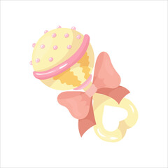A bright toy for a newborn baby. Rattle with a bow. Vector illustration isolated on white background.