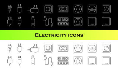 Electricity black and white isolated icon set. Realistic illustration with plug, socket, electrical wire, extension cord, cable, charger, outlet, switch, power strip, toggle, etc. Vector EPS 10 