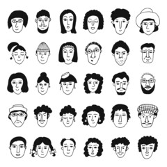 Set of people faces. Doodle style. Hand drawn vector illustration. Isolated portraits of men and women in black and white color. Cartoon character. Line Art.