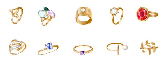 Set of realistic golden rings. Jewelry with precious stones.