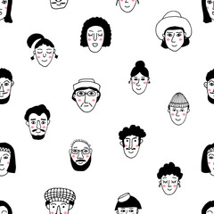 Seamless pattern of people faces with pink cheeks. Doodle style. Hand drawn vector illustration. Isolated portraits of men and women in black and white color. Cartoon character. Line Art.