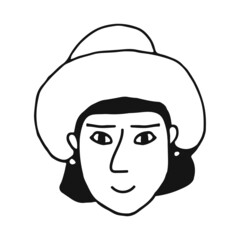 Portrait of a female face in a hat. Doodle style. Hand drawn vector illustration. Isolated portrait of woman in black and white color. Cartoon character. Line Art.