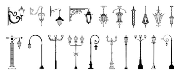 Collection of monochrome lanterns in sketch style. Hand drawings in art ink style. Black and white graphics. © Marina