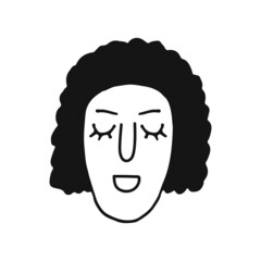 Portrait of a female face. Doodle style. Hand drawn vector illustration. Isolated portrait of woman in black and white color. Cartoon character. Line Art.
