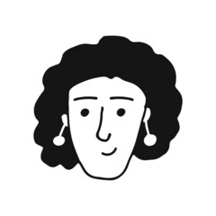 Portrait of a female face with earrings. Doodle style. Hand drawn vector illustration. Isolated portrait of woman in black and white color. Cartoon character. Line Art.
