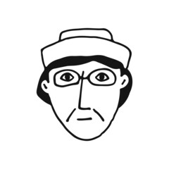 Portrait of a male face in a hat with glasses. Doodle style. Hand drawn vector illustration. Isolated portrait of man in black and white color. Cartoon character. Line Art.