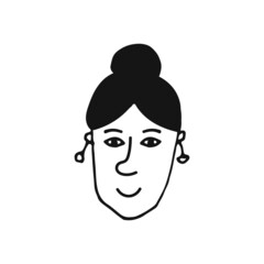 Portrait of a female face with earrings. Doodle style. Hand drawn vector illustration. Isolated portrait of woman in black and white color. Cartoon character. Line Art.