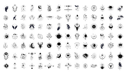 Collection of monochrome abstract magic illustrations for creating tattoos, prints, stickers.