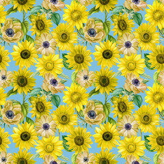 Fototapeta na wymiar Sunflowers bouquet watercolor hand painted seamless pattern. Flowers on blue background