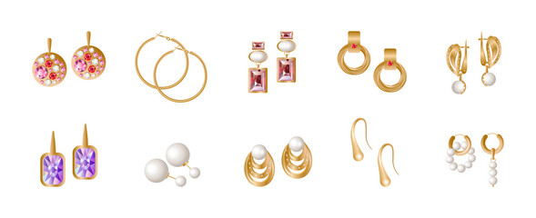 Set of realistic golden earrings. Jewelry with precious stones.