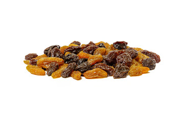 Pile of dried mixed raisins isolated on white background. Close up of dried raisins.