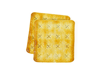 Biscuits or crackers isolated on white background. Top view and close up of snack.