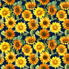 Sunflowers bouquet watercolor hand painted seamless pattern