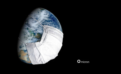Omicron COVID-19 variant poster, Earth in mask looks at corona virus. Elements of this image...