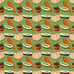 Seamless pattern with tomato, cucumber, carrot, eggplant and cheese pumpkin on green backround. Endless texture with vegetables for your design