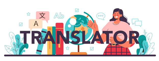 Translator typographic header. Linguist translating document, books