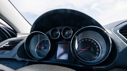 Speed background. Car dashboard panel with speedometer, tachometer. Fast vehicle, no limit concept.