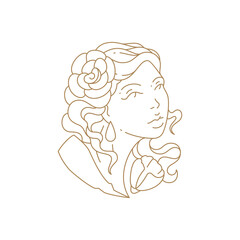 Monochrome simple woman with flower in hair bust art deco icon vector illustration