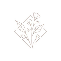 Line art simple logo beauty flower bud stem leaves surrounded by rhombus squared geometric frame