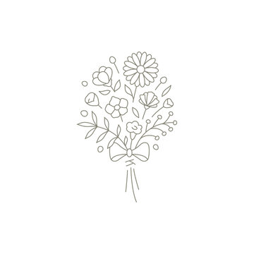 Decorative simple nature flower bouquet with chamomile, stem leaves logo design vector illustration